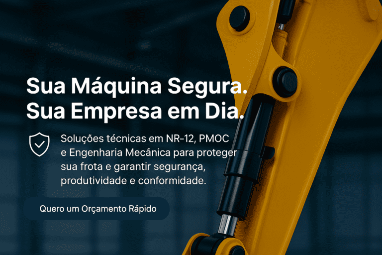 "Braço hidráulico amarelo com texto promocional sobre segurança de máquinas e conformidade com normas de segurança e Integridade