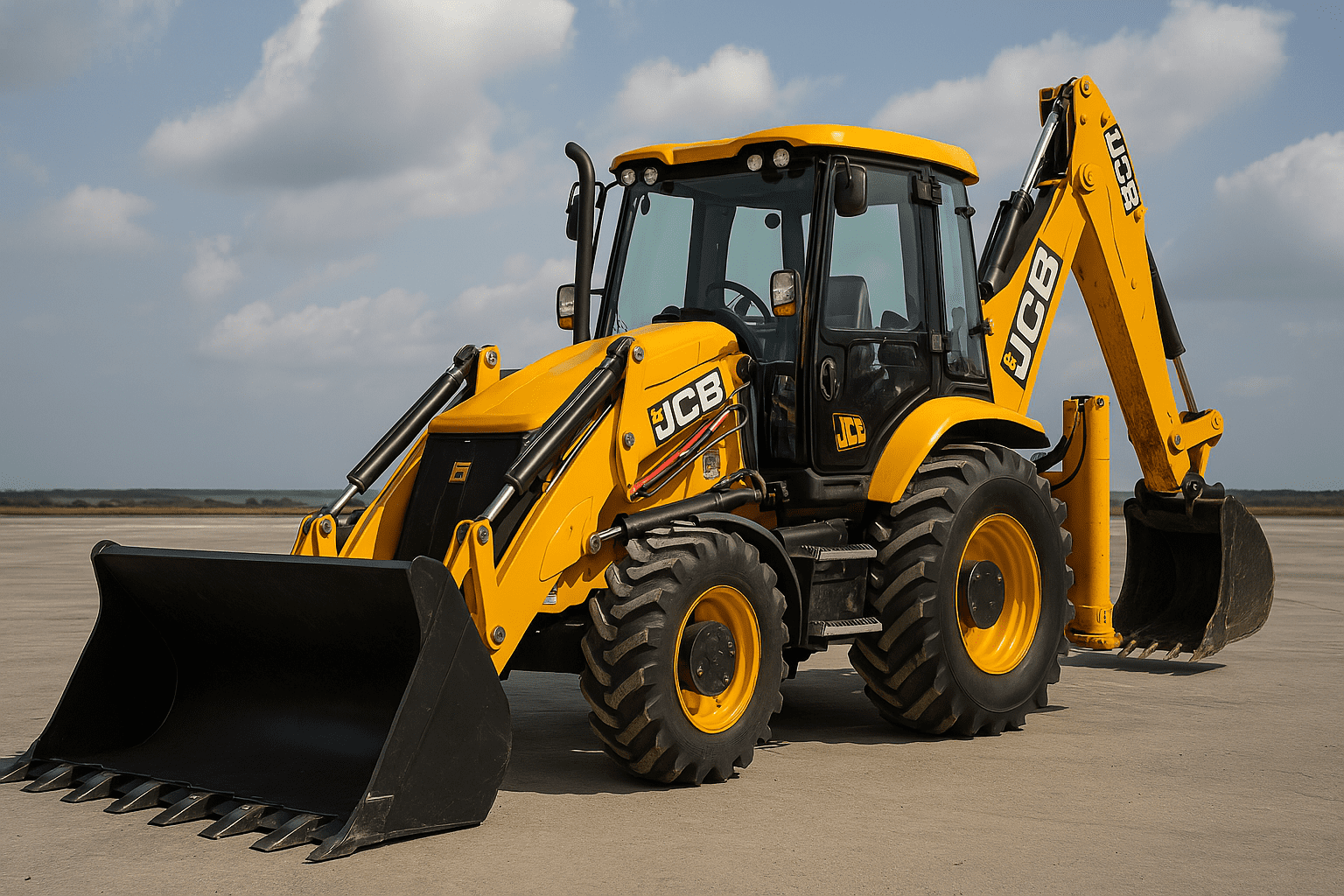 "Retroescavadeira JCB da linha amarela em área externa, foco em adequações de segurança e NR-12"