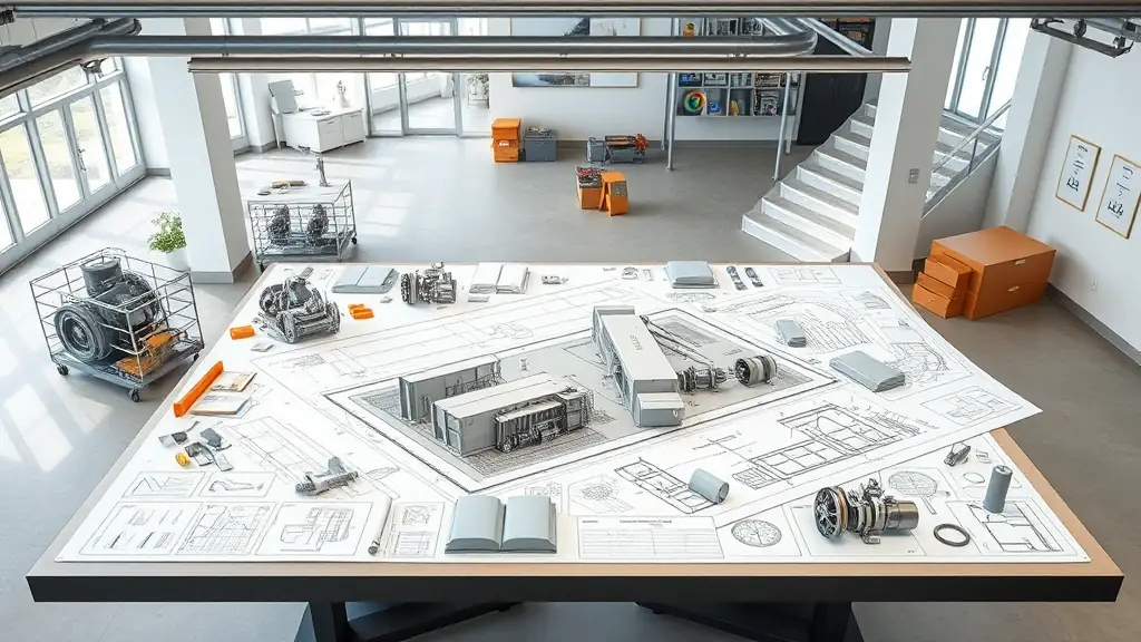 "Mesa de trabalho com desenhos técnicos e componentes industriais, representando projetos mecânicos sob medida"