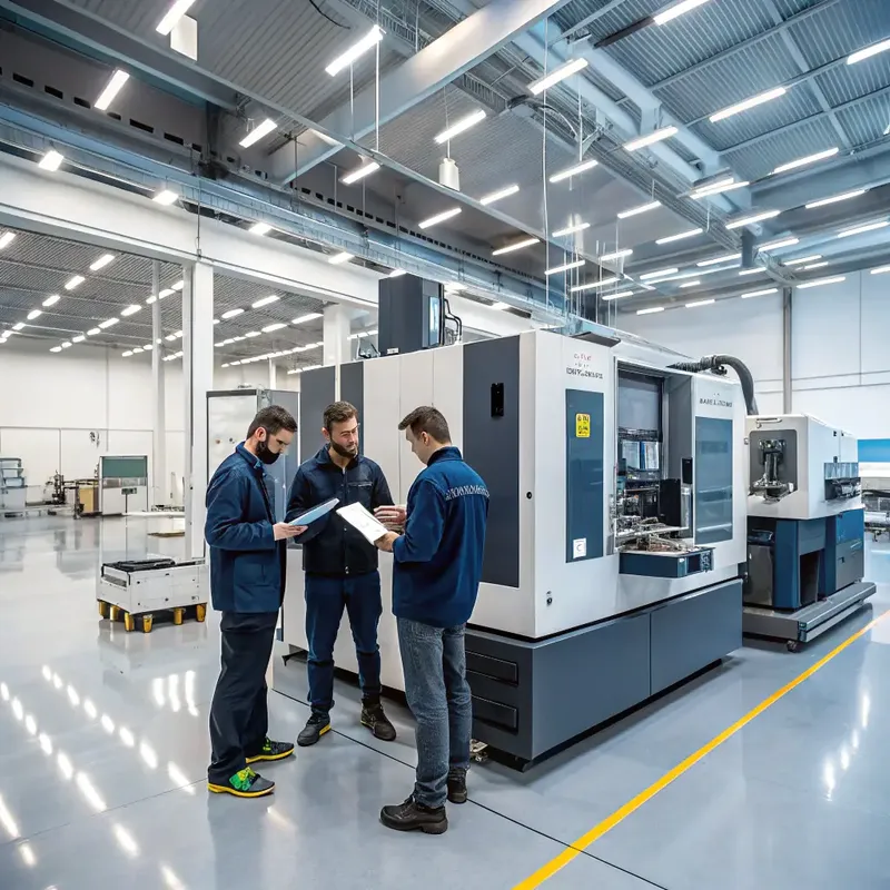 Equipe técnica em indústria de engenharia mecânica